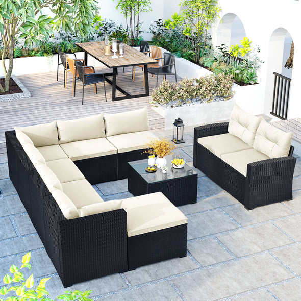GO 9-piece Outdoor Patio Large Wicker Sofa Set, Rattan Sofa set for Garden, Backyard,Porch and Poolside, Black wicker, Beige Cushion