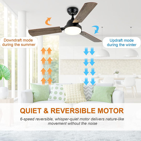 Simple Deluxe 44-inch Ceiling Fan with LED Light and Remote Control, 6-Speed Modes, 2 Rotating Modes , Timer