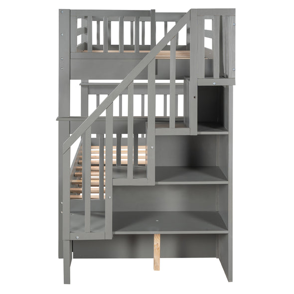 Stairway Twin-Over-Twin Bunk Bed with Twin size Trundle for Bedroom, Dorm, Adults, Gray(Old SKU:LP000209AAE)