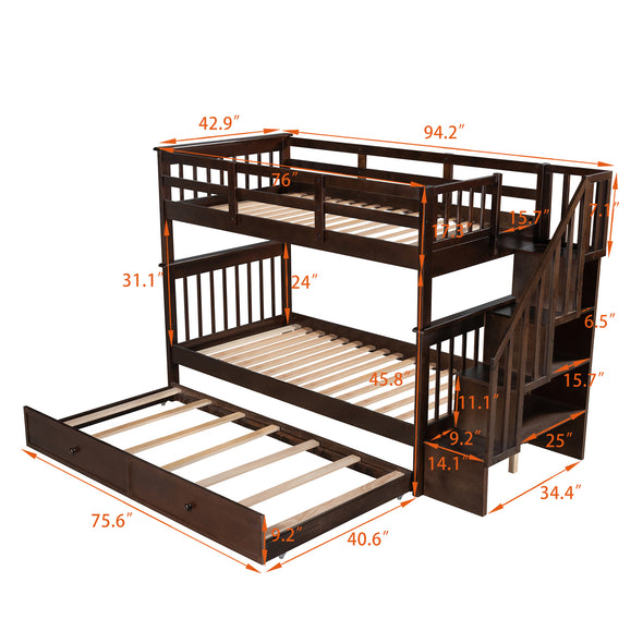 Stairway Twin-Over-Twin Bunk Bed with Twin size Trundle for Bedroom, Dorm, Adults, Espresso(Old SKU:LP000209AAP)