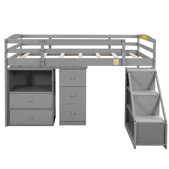 Twin Size Loft Bed with Multifunctional Movable Built-in Desk and and Staircase,Gray