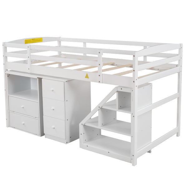 Twin Size Loft Bed with Multifunctional Movable Built-in Desk and and Staircase,White
