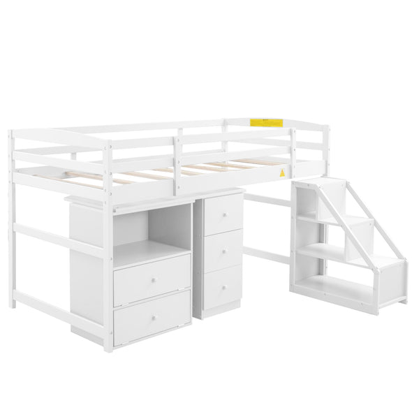 Twin Size Loft Bed with Multifunctional Movable Built-in Desk and and Staircase,White