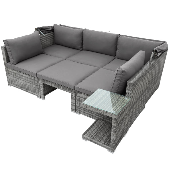 5 Pieces Outdoor Sectional Patio Rattan Sofa Set Rattan Daybed , PE Wicker Conversation Furniture Set w/ Canopy and Tempered Glass Side Table, Gray
