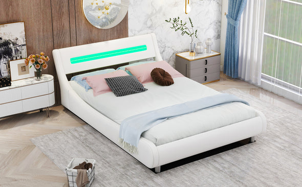 Full Size Low Profile Upholstered Platform Bed with LED headboard,White