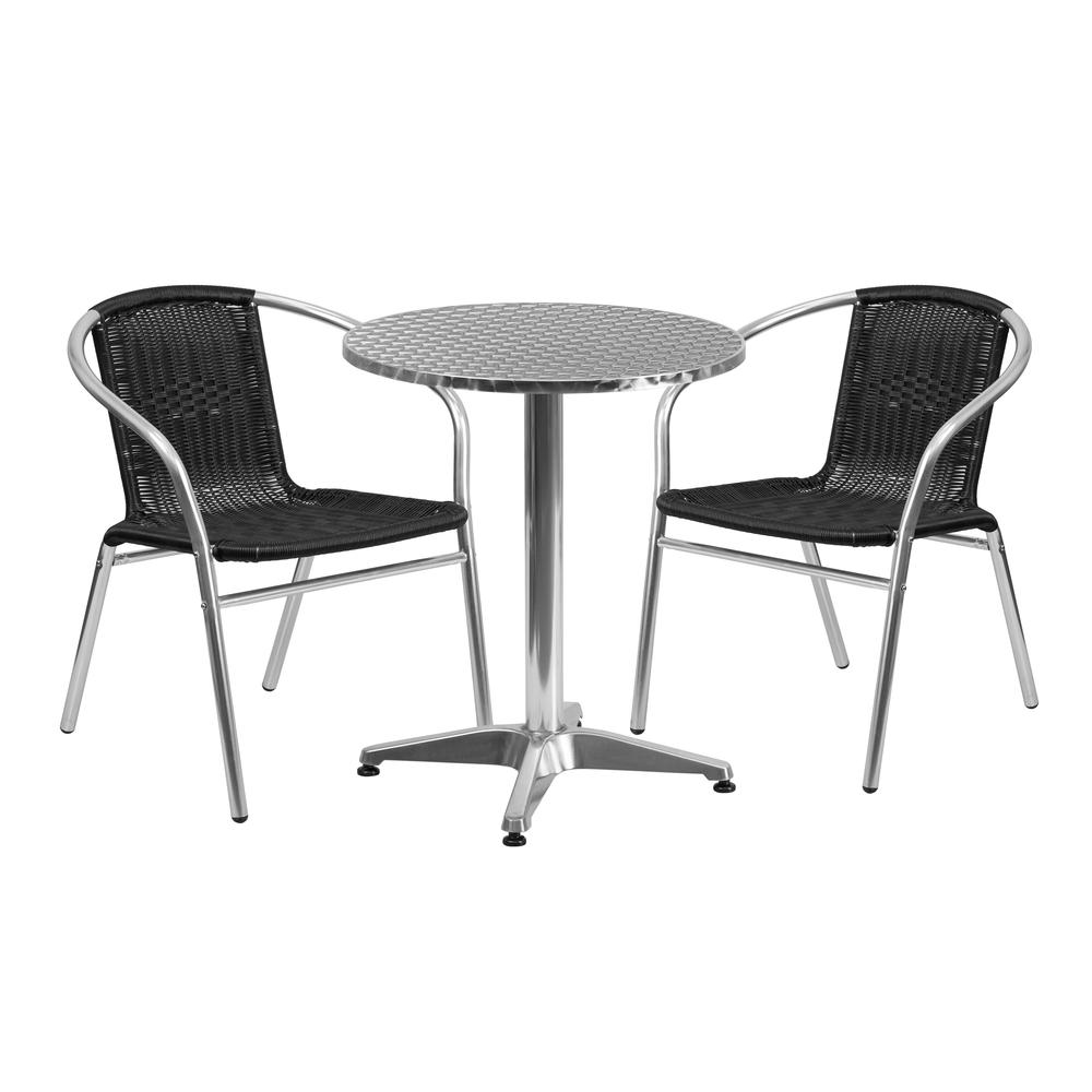 23.5'' Round Aluminum Indoor-Outdoor Table Set with 2 Black Rattan Chairs