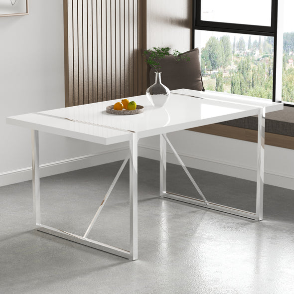 Rustic Industrial Rectangular MDF Wood White Dining Table For 4-6 Person, With 1.6" Thick Engineered Wood Tabletop and plating Metal Legs