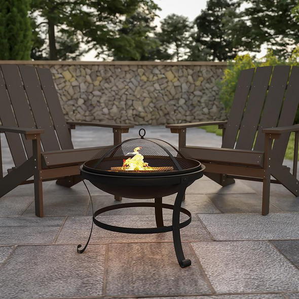 Flash Furniture 22 Round Wood Burning Firepit with Mesh Spark Screen and Poker