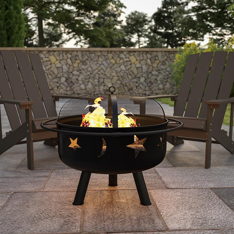 Flash Furniture 29 Round Wood Burning Firepit with Mesh Spark Screen
