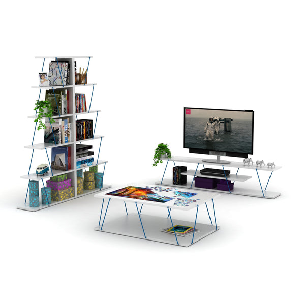 56 inch Mid Century Modern Tv Stand 4 Shelves Open Storage Metal Cords Entertainment Centre Low Tv Unit, White Blue