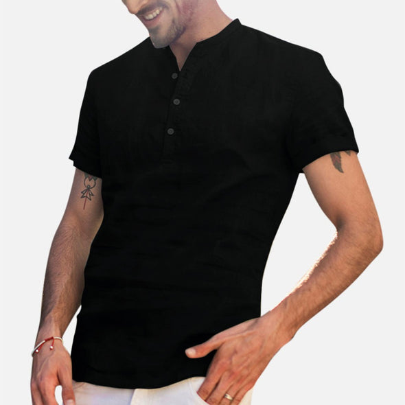 Stand-up collar cotton and linen short-sleeved shirt