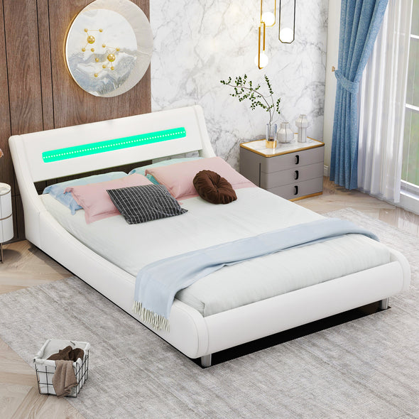 Full Size Low Profile Upholstered Platform Bed with LED headboard,White