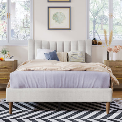 Upholstered Platform Bed Frame with Vertical Channel Tufted Headboard, No Box Spring Needed, Full, Cream