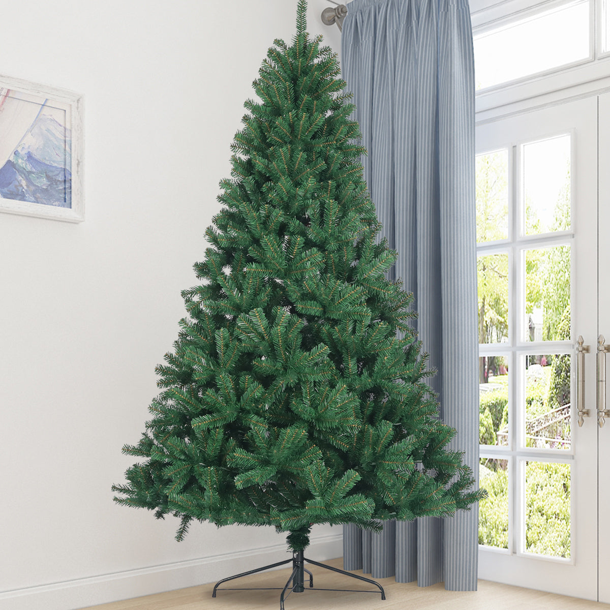 Artificial Christmas Tree Full Natural Spruce PVC Fir Tree 7.5ft Foldable Metal Stand  Unlit Green
