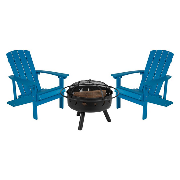 Flash Furniture 3 Piece Charlestown Blue Poly Resin Wood Adirondack Chair Set with Fire Pit - Star and Moon Fire Pit with Mesh Cover