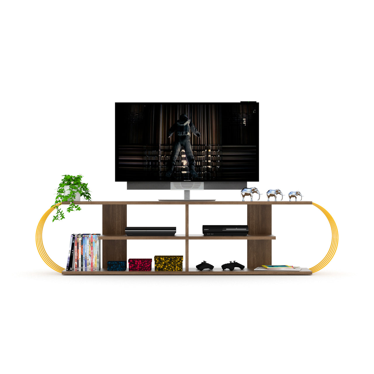 68 inch Mid Century Modern Tv Stand 4 Shelves Open Storage Entertainment Centre Tv Unit, Walnut/Yellow
