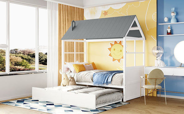 Twin Size Wood House Bed With Twin Size Trundle, Wooden Daybed, White+Gray