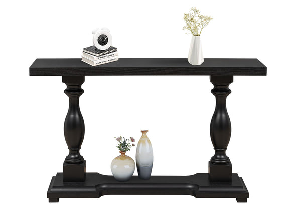 L54" x W16" x H32" Solid Wood Console Table with MDF Top and Oak Veneer in Black