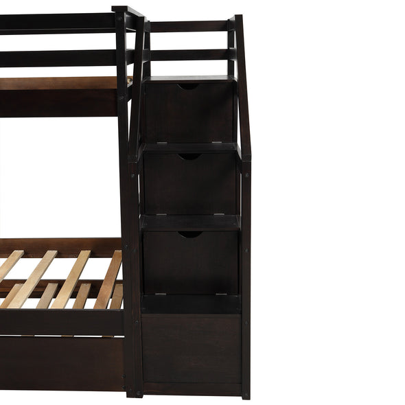 Twin-Over-Twin Bunk Bed with Twin Size Trundle and 3 Storage Stairs (Espresso)