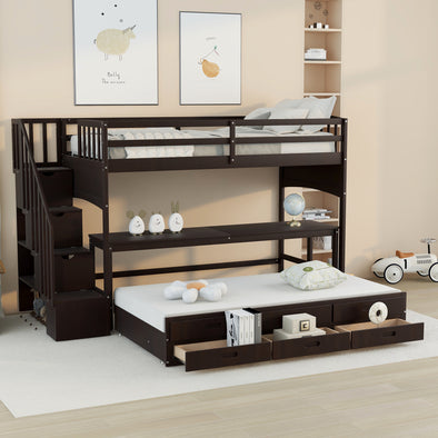 Stairway Twin XL Loft Bed with Twin Size Trundle and 3 Drawers, Storage, Desk, Espresso