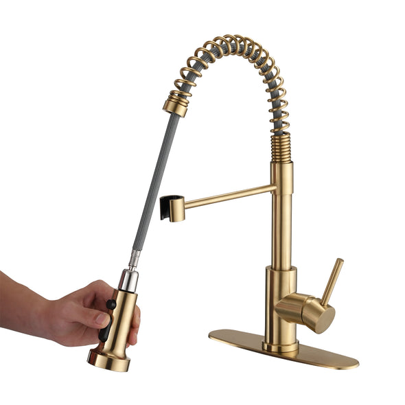 Pull Down Sprayer Spring Kitchen Sink Faucet Brushed Gold