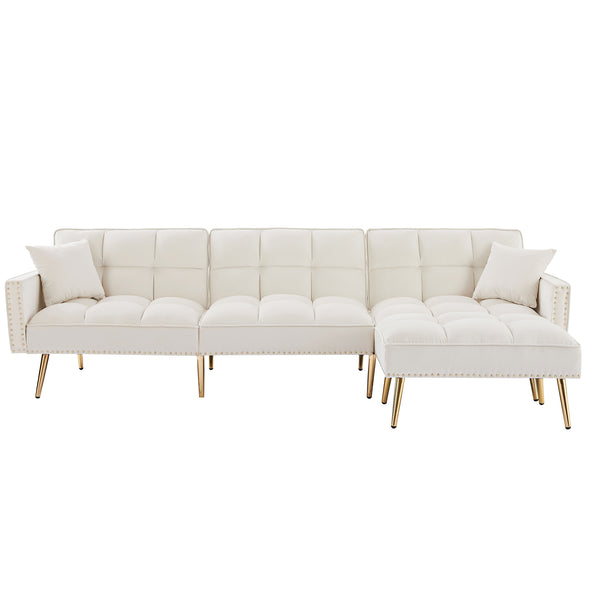 Cream White Velvet Upholstered Reversible Sectional Sofa Bed, L-Shaped Couch with Movable Ottoman For Living Room
