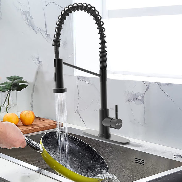 Mitcent Kitchen Faucet with Pull Down Sprayer 20 Inch, Matte Black, with Deck Plate, Single Handle, Single Hole, Stainless Steel for Kitchen Sink