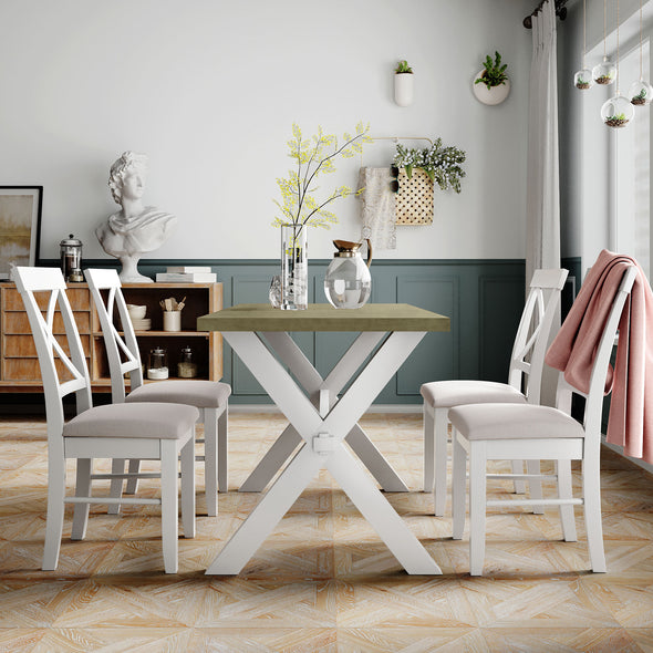 5 Pieces Farmhouse Rustic Wood Kitchen Dining Table Set with Upholstered 4 X-back Chairs, Gray Green+White+Beige