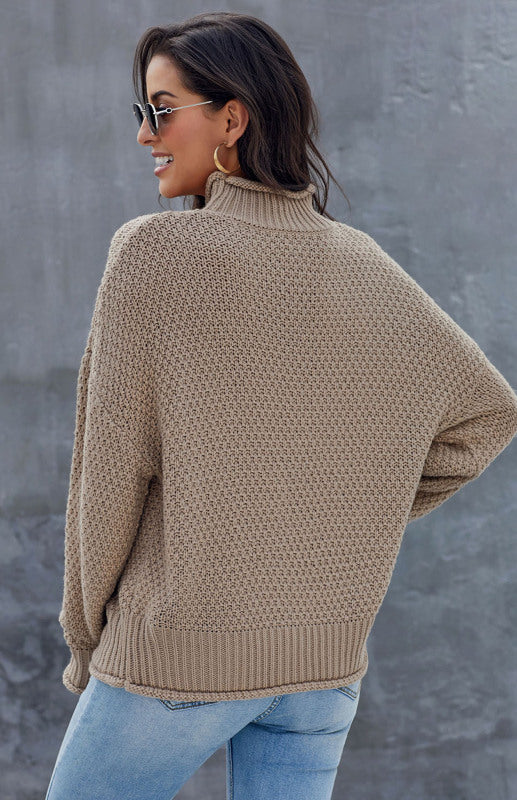 Women's Turtleneck Sweater Women Colorblock Bat Long Sleeve Pullover Sweater
