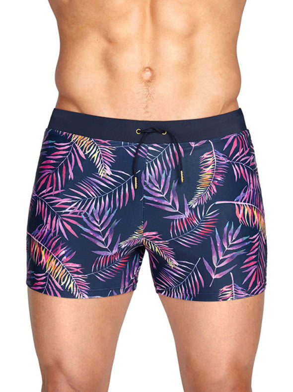 Men's Colorful Leaf Print Pocket Zip Boxer Swim Shorts