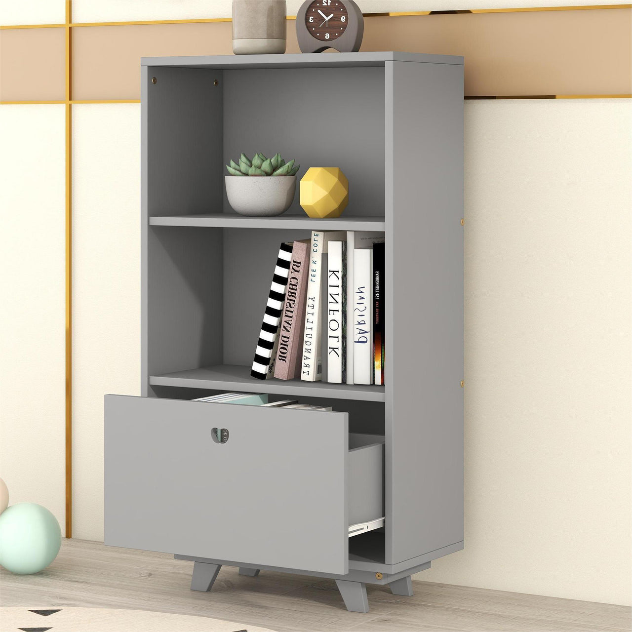 Wooden Storage Bookcase with Drawer and 2 Open Shelves,Storage Cabinet Organizer,Gray