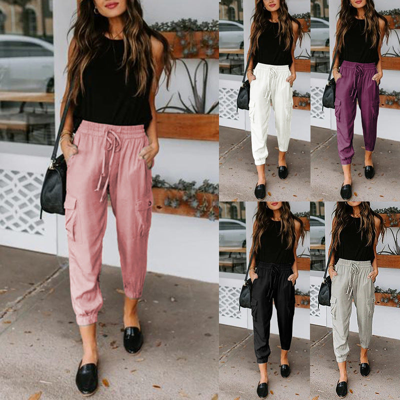 Solid Color Loose Trousers Pocket Drawstring