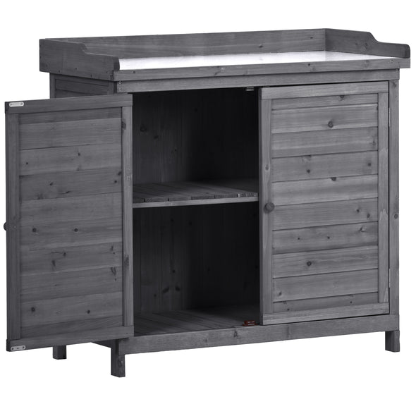 Outdoor 39" Potting Bench Table, Rustic Garden Wood Workstation Storage Cabinet Garden Shed with 2-Tier Shelves and Side Hook, Grey
