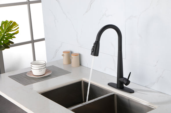 Black Kitchen Faucets with Pull Down Sprayer, Kitchen Sink Faucet with Pull Out Sprayer, Fingerprint Resistant, Single Hole Deck Mount