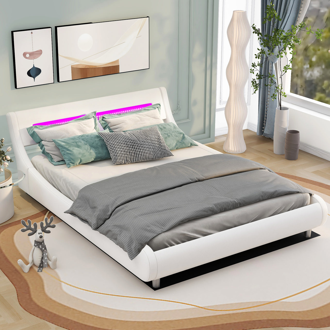Queen Size Low Profile Upholstered Platform Bed with LED Headboard,White