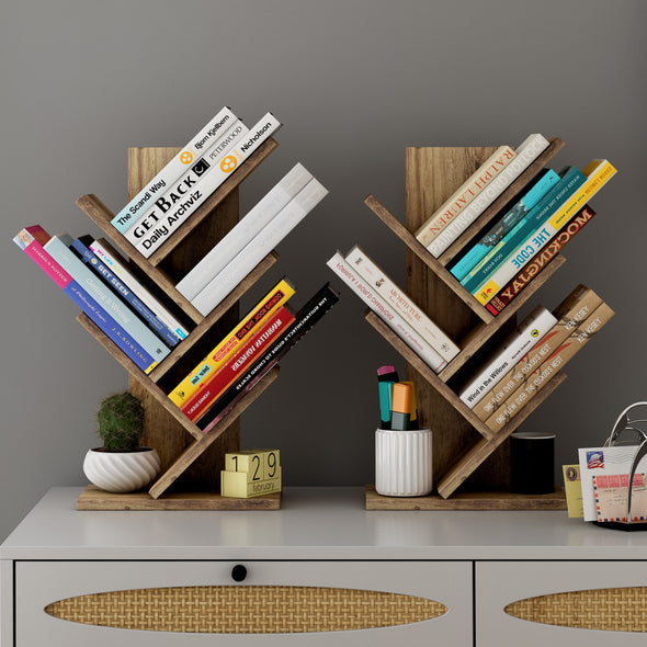 Tree Bookshelf set of 2 ,4-Tier Small Book Shelf Organizer Floor Standing Bookcase Bookshelf, Wood Book Shelves Magazine Rack, Bookshelf for CDs/Books, Display Shelf for Small Space