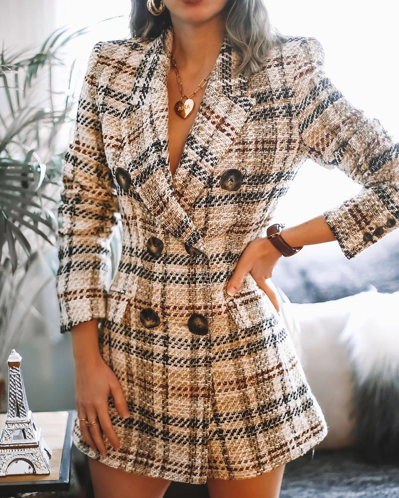 Women's Double-breasted Fashion Printed Plaid Woolen Coat