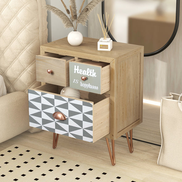 Wooden Nightstand with Three Drawers and Metal Feet Modern Style Bedside Table (Natural)