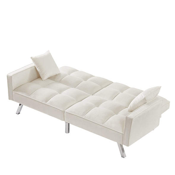 Cream White Velvet Sofa Couch Bed with Armrests and 2 Pillows for Living Room and Bedroom