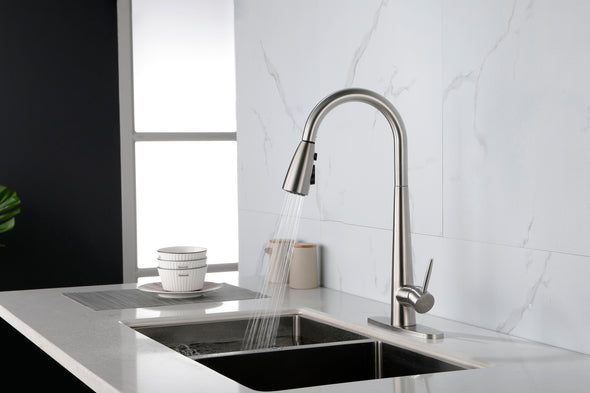 Kitchen Faucet with Pull Down Sprayer Brushed Nickel, High Arc Single Handle Kitchen Sink Faucet with Deck Plate