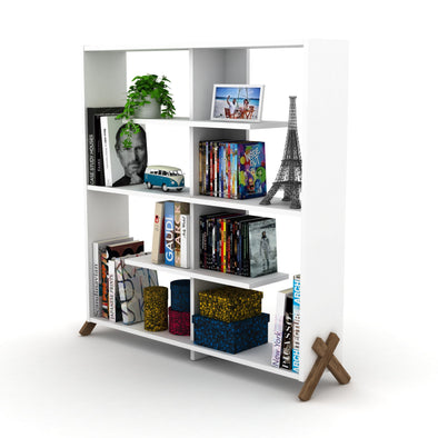 6 Shelves Bookcase Industrial Bookshelf Wood Frame Shelving Open Back, Modern Bookcases Large Bookshelf Organizer, Walnut/White