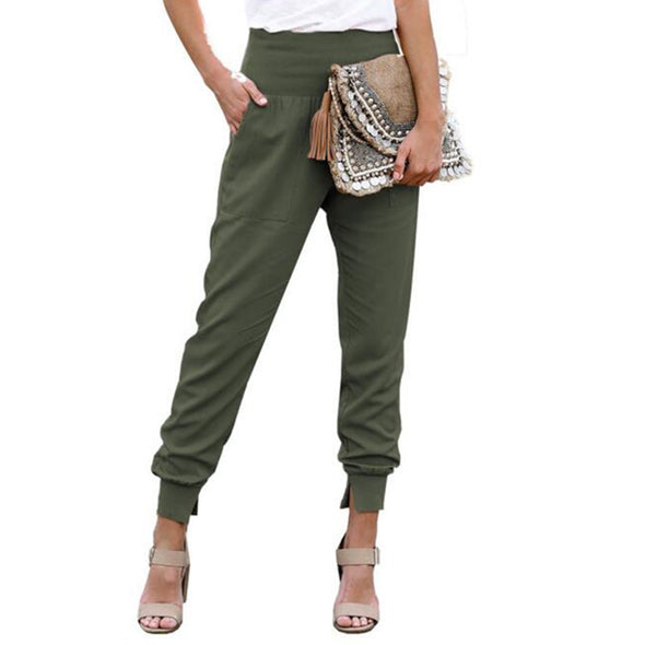 Solid Color Women's High Waist Cropped Trousers with Slits