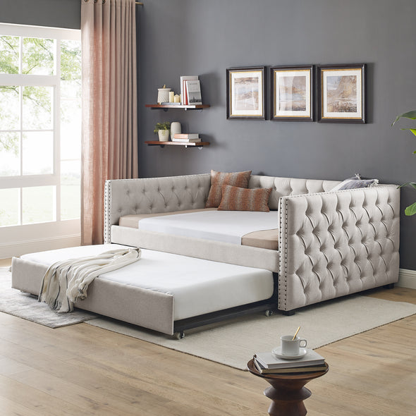 85“x57”x31.5“ Daybed with Trundle Upholstered Tufted Sofa Bed, with Button and Copper Nail on Square Arms,Full Daybed & Twin Trundle, Beige