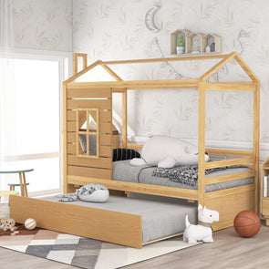 Twin Size House Bed Wood Bed with Twin Size Trundle ( Natural )