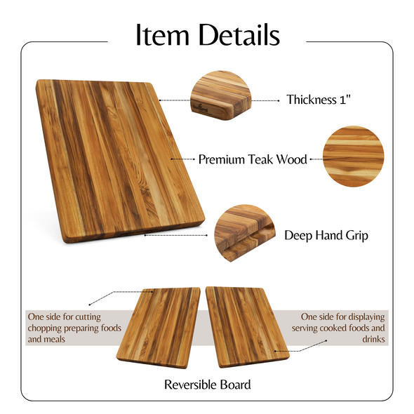 Teak Cutting Board Reversible Chopping Serving Board Multipurpose Food Safe Thick Board, Medium Size 18x14x1 inches