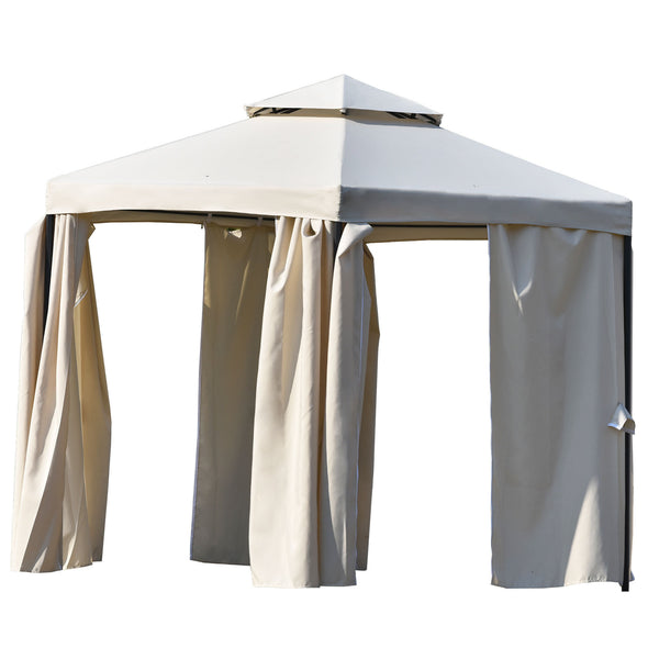 11ft.Wx11ft. L Outdoor Patio Hexagon Gazebo with Polyester Curtain Side Wall, Double Roofs for Decks, Poolsides, Gardens, Beige