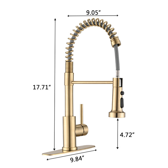 Pull Down Sprayer Spring Kitchen Sink Faucet Brushed Gold