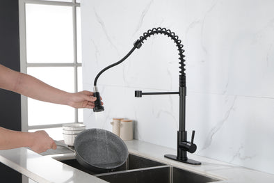 Commercial Spring Kitchen Faucets Matte Black with Pull Out Sprayer,  Stainless Steel Single Handle One Hole Kitchen Sink Faucet, Industrial 3-Hole Sink Faucet for Camper Laundry Bar,