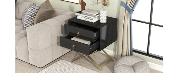 Nightstand with 2 Drawers & Golden Handle，Storage Bedside Table- Black