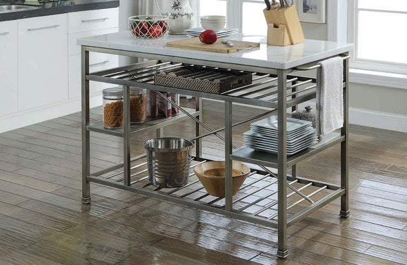 Lanzo Kitchen Island (Counter), Marble & Antique Pewter 98402